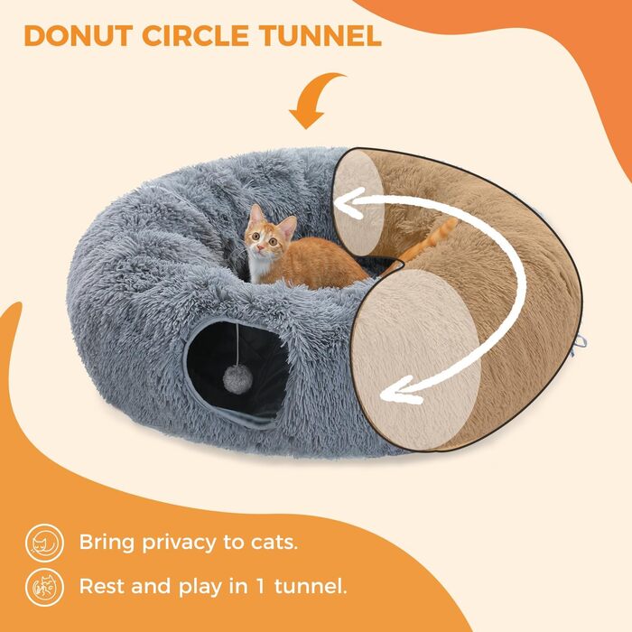 PAWZ Road Plush Cat Tunnel for Indoor Cats, Multifunctional Cat Toy Grey