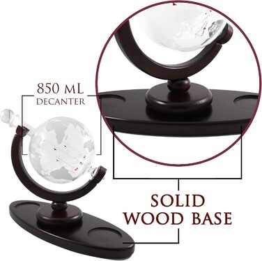 Globus Decanter Gift Set. Includes a wooden base, 2 glasses, 2 coasters, a shot glass, and a funnel. This whiskey decanter and glasses set is the perfect gift.