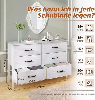 LYNCOHOME Chest of Drawers with Drawers, Fabric Chest of Drawers, TV Stand Sideboard with 6 Fabric Drawers, Storage Cabinet Bedroom Drawer Chest Kitchen Storage Furniture for Office Hallway