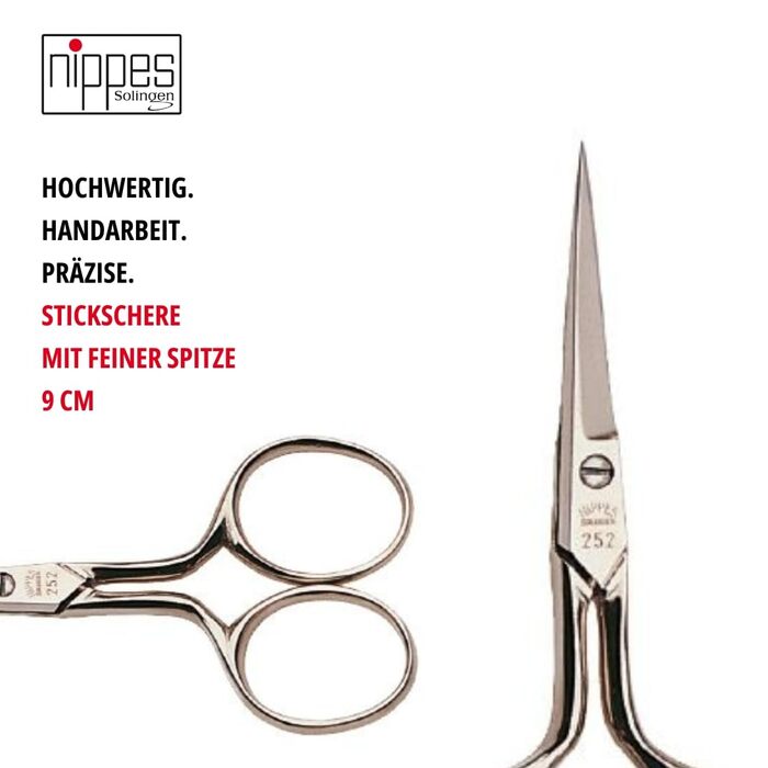 Nippes Solingen ножиці для вишивки та шиття, 9 см, нікельована сталь, швейні ножиці для рукоділля та чистого обрізання ниток
