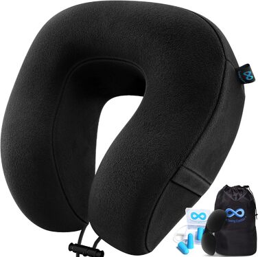 Подушка для шиї Everlasting Comfort з піною з пам'яті – комфортна підтримка для подорожей літаком, автомобілем або поїздом – набір для подорожей з навушниками, маскою для сну та сумкою (Чорний)