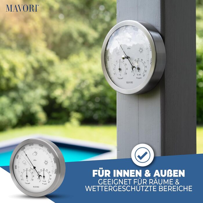 MAVORI® Weather Station Analog - 3in1 Barometer, Hygrometer & Thermometer for indoor and outdoor use - Ø 13.5cm stainless steel frame with acrylic glass in a modern design - Includes thermometer & hygrometer