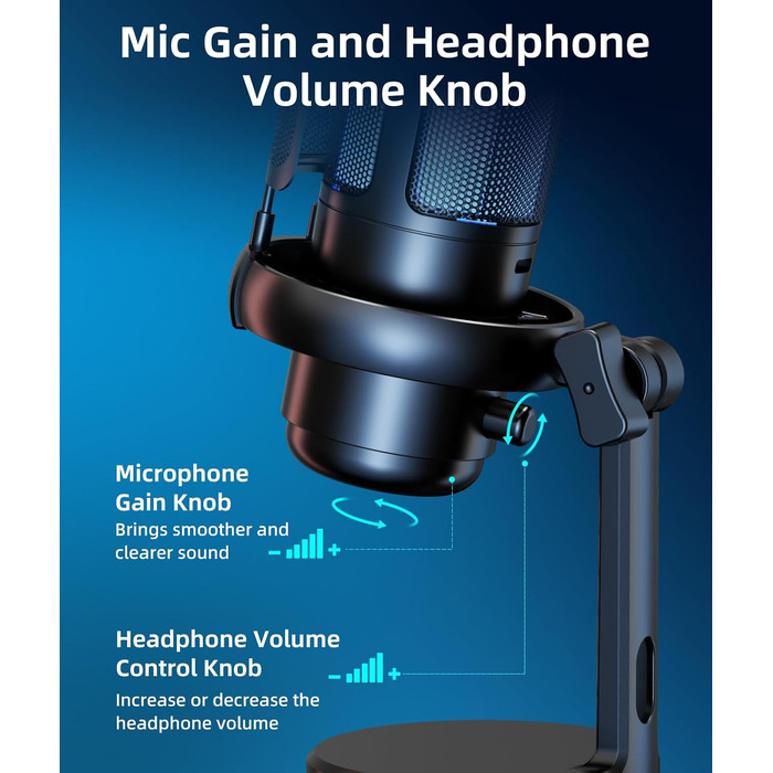 Мікрофон для ПК NJSJ Gaming RGB, для стрімінгу та запису, USB, сумісний з PS4/PS5/Mac, з регулятором гучності, чорний