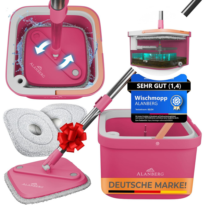 ALANBERG® Mop Set with Bucket – 2-Chamber System for Dirt & Fresh Water Separation – Self-Wringing, Microfiber Mop Pads – Floor Mop for all Floors, Pink