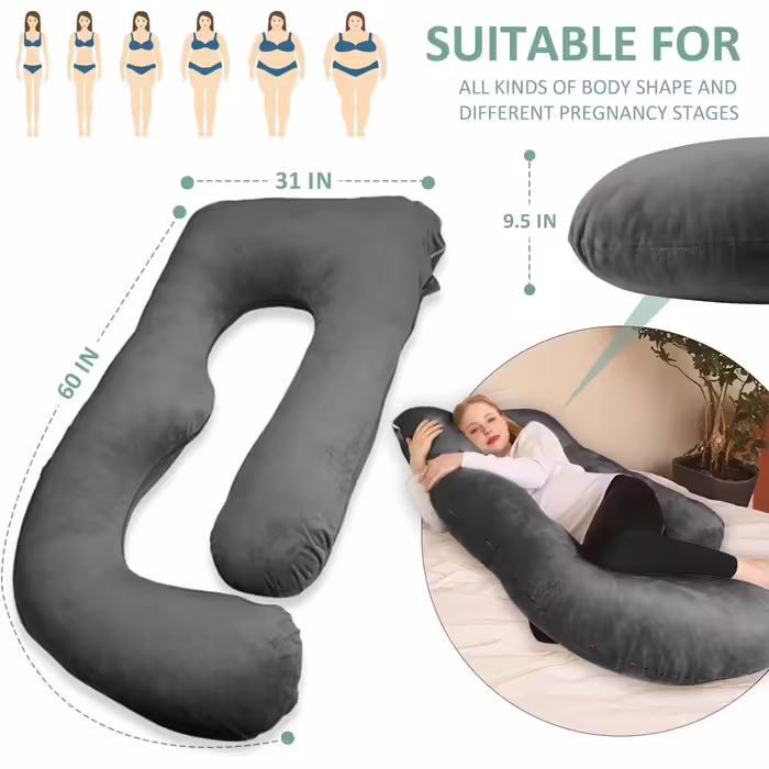 Chilling Home Pregnancy Pillow J Shape, Side Sleeper Pillow with Cover J Pillow Nursing Pillow Large Storage Pillow, Pillow for Women and Side Sleepers (Light Black, Velvet)