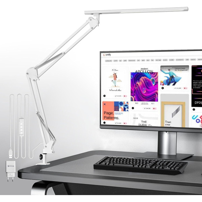 Лампа для робочого столу в офіс, кріпиться на стіл, архітекторська лампа з адаптером QC3.0, лінза Френеля, 5 режимів кольору та регулювання яскравості, лампа-прищіпка з функцією пам'яті, біле освітлення