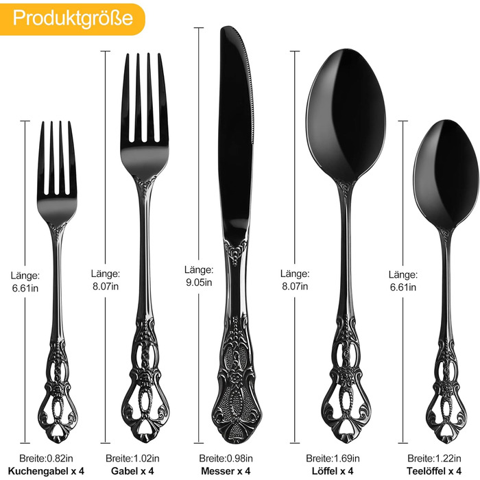 Набір столових приборів 20 предметів, чорний, нержавіюча сталь, Vintage Palast - для 4 осіб, полірований, для посудомийної машини