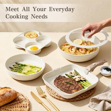 Набір каструль та сковорідок RIOVARM з знімними ручками: антипригарне покриття, кришки, сковорода для омлетів, гриль-сковорода, для всіх плит, стакельні каструлі