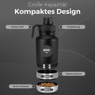 Водяна пляшка для собак LuckyFlex® 3-в-1 – 800 мл, з мискою та відсіком для корму, з нержавіючої сталі, для подорожей