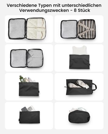 Органайзери для валізи Packing Cubes, 8 шт., водонепроникні, чорні + косметичка