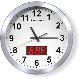 KWANWA Modern Wall Clock with No Ticking Sound • Digital LCD/LED Display • Calendar & Temperature • Battery Powered • 30.5cm • 12h Format, Perfect for Kitchen, Bedroom & Office (Silver Case, Red LED)