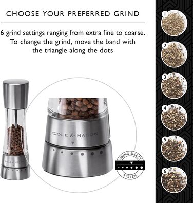 Cole & Mason Derwent Salt & Pepper Mill Set – 19cm, Adjustable Ceramic Grinder, Stainless Steel & Acrylic Design, Color: Stainless Steel, Precise Grinding, Durable