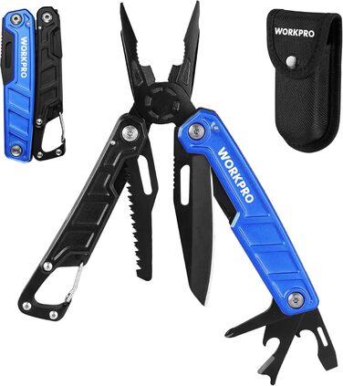 Мультитул WORKPRO 11-в-1: мультиінструмент з нержавіючої сталі з карабіном, плоскогубцями, інструментом для обрізки кабелю, відкривачем пляшок, викрутками. Підходить для активного відпочинку та повсякденного використання. У комплекті – зручна сумка.