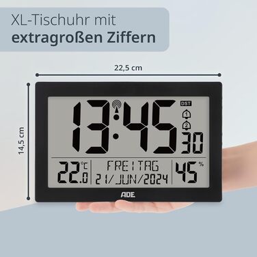 Digital Radio Clock with Large XL Display | Calendar | with Temperature Display & Hygrometer | Wall Clock | Radio Alarm Clock with 2 Alarm Times and Snooze Function | black