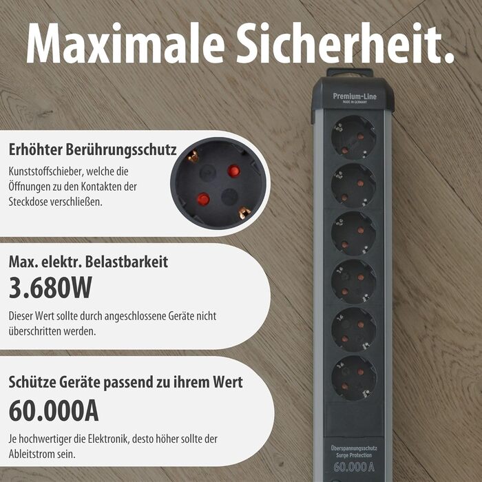 Бренненштуль Premium-Protect-Line Мережевий фільтр 6 виходів з USB та захистом від перенапруги (розподільник з вимикачем, 3м кабель, 2 USB 3.1A, Made in Germany) Сріблястий/чорний