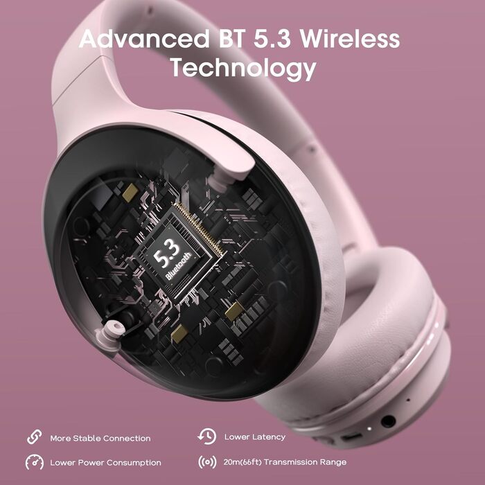 DOQAUS Бездротові навушники Bluetooth, 70 годин роботи, Bluetooth 5.3, Over-Ear, 3 режими EQ, HiFi стерео, з мікрофоном, складні, з м'якими амбушурами, рожеві