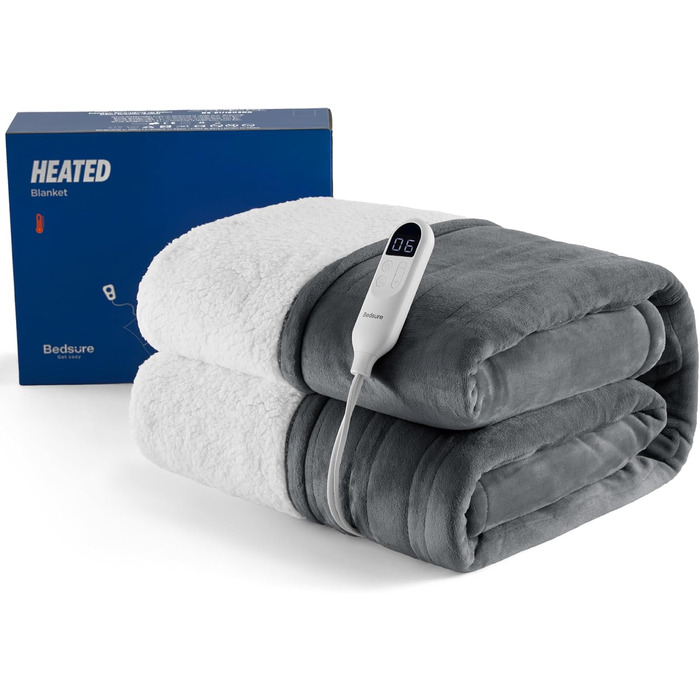 Електрична ковдра BEDSURE з автоматичним вимкненням, тепла ковдра, подарунок для жінок, на Новий Рік для мами, 6 температурних режимів, таймер на 10 годин, 200x180 см, сіра