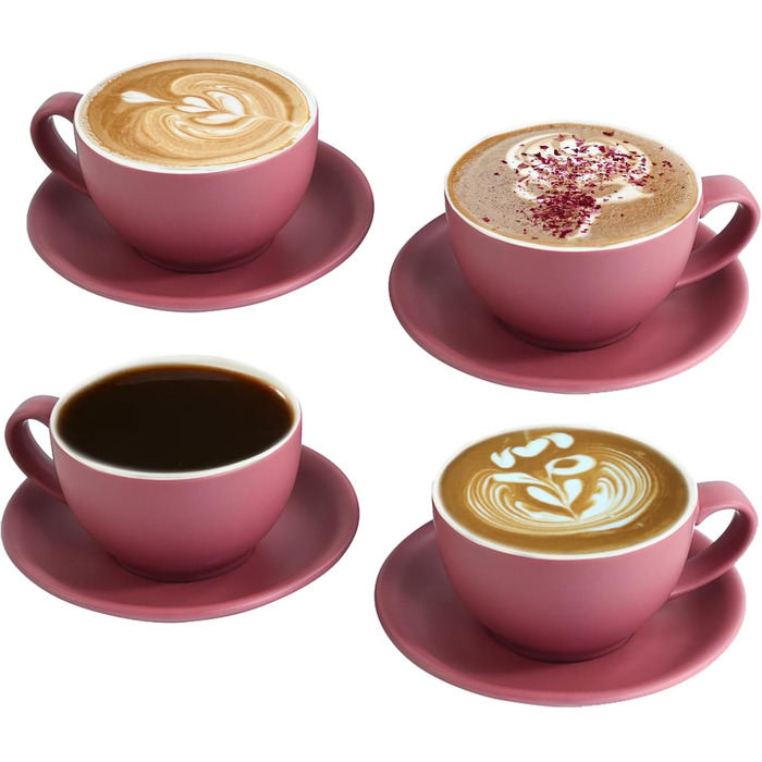 Набір кавових чашок Капучіно Yundu 4 шт. по 300 мл – керамічні чашки з блюдцями, матова палітра темних відтінків для латте-арту та бариста, великий набір мока чашок та блюдець (Матовий фіолетовий)