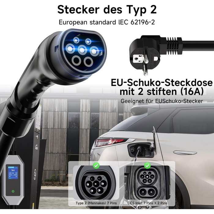 Кабель для зарядки електромобіля Type 2 Schuko 3.6 кВт 6м, з цифровим дисплеєм та таймером, 6-16A, однофазний KS9-3.6kW