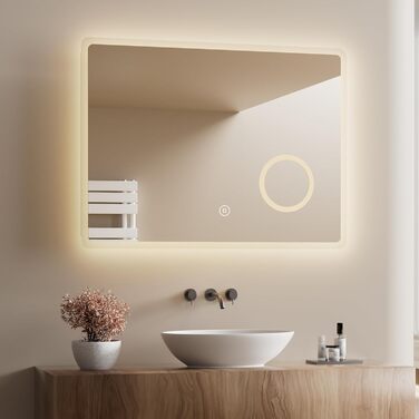 Дзеркало для ванної кімнати з підсвічуванням LED 80x60 см, регульоване, 3 кольори світла (3000K/4000K/6500K), антизапарник, вертикальна/горизонтальна установка, з 3x збільшенням