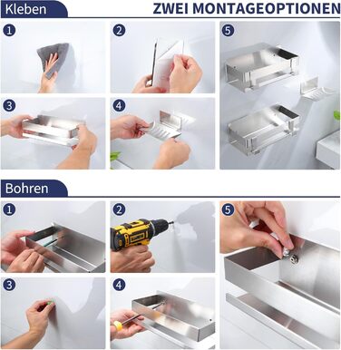 Поличка для душу YIGII без свердління, 3 шт. з нержавіючої сталі, органайзер для ванної кімнати, велика місткість, самоклеюча, з мильницею та 4 гачками, тримач для шампуню, сріблястий – 2 шт.