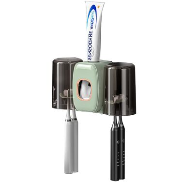 Настінний тримач для зубних щіток з автоматичним дозатором пасти, електричний для 4 щіток, 2 стаканчики, без свердління (зелений)