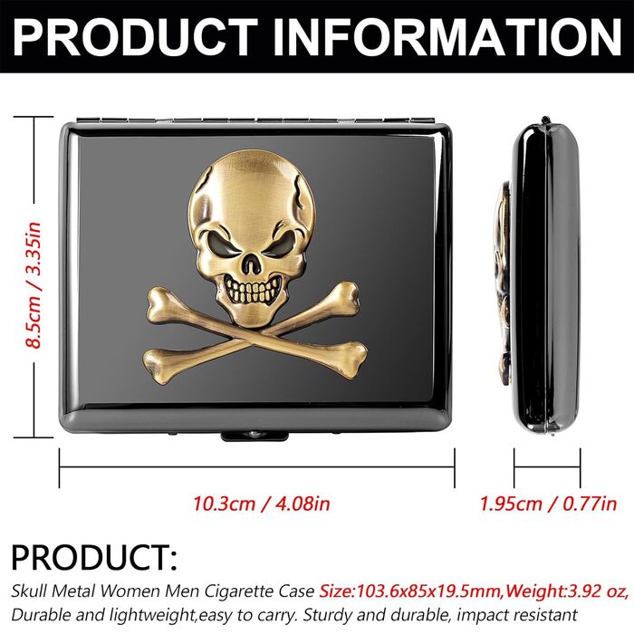 Металеве тютюносховище вінтажного стилю для жінок та чоловіків, на 18-20 сигарет (Череп, чорний)