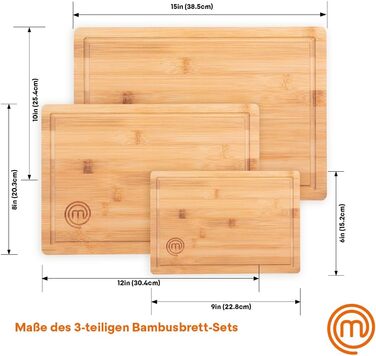 Набір дерев'яних обробних дощок MasterChef: великий (38x27.5 см), середній (34x23.5 см), маленький (23x15 см) з жолобом для соку, 3 шт.