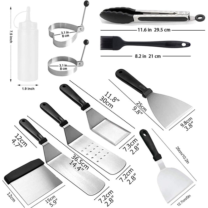 Набір з 12 штук шпателів для гриля AMZMUKAUP, інструмент для барбекю з нержавіючої сталі з сумкою, ідеальний для гриля на відкритому повітрі, Дня батька, Дня народження, Різдва, тепаньякі та кемпінгу
