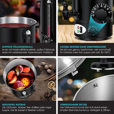 KESSER® Mulled Wine Boiler 8L Stainless Steel Incl. 10 Cups Mulled Wine Cooker with Thermostat Mulled Wine Dispenser Hot Beverage Dispenser Water Boiler Hot Water Dispenser Canning Device Level Indicator Tap Black