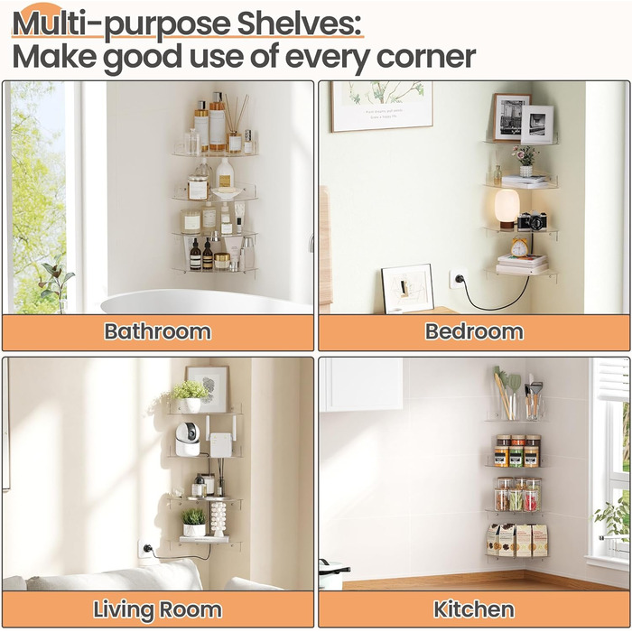 Настінні полиці Upsimples, 4 шт., білі, без свердління, 38x10 см, для ванної, спальні та кухні