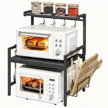 Поличка для мікрохвильової печі, кухонна поличка, 2 яруси, з підставкою для обробної дошки, органайзер з 8 гачками, чорний, ABRBN5301