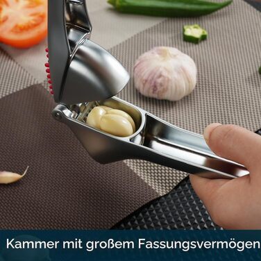 Професійний прес для часнику KITCHENDAO з контейнером, скребком та очищувачем, цинковий подрібнювач часнику (без очищення), сріблястий