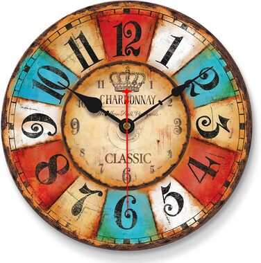VIKMARI Quartz Wall Clock Wood Silent Hanging Clock, Battery-Powered Round Rustic Clock, Easy to Read Vintage Interior Wall Clock ||14' (Colorful Arabic Numerals, 20 cm)