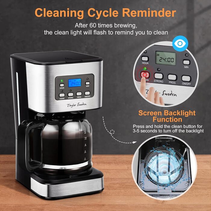 Кавомашина Taylor Swoden Darcy 950W з таймером, 1.5L, 12 чашок, автоматичне відключення, чорна