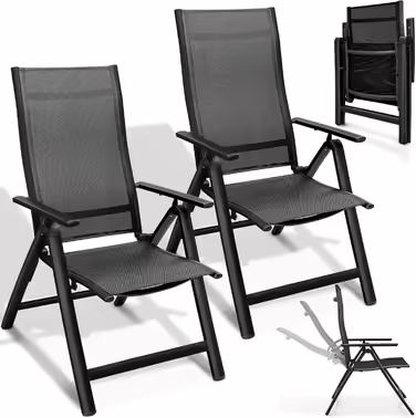tillvex Premium Garden Chair 1 Piece Folding Aluminum | High Back with Armrests | Adjustable Folding Chair | Folding Armchair Balcony Garden Terrace 1 Piece (Black, 2 Pieces)