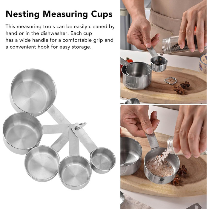 Stainless steel measuring cups, stainless steel measuring spoon set, 5-piece metal measuring cup set, nesting measuring cups, mini measuring spoons, stackable measuring cups for baking and cooking / 1366