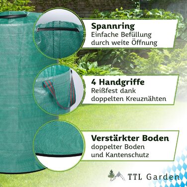Садові мішки TTL Garden 272 л, 6 шт, посилене дно, самостійно стоять, 4 ручки, 150 г/м², великі та міцні, для трави, листя, гілок і садового сміття