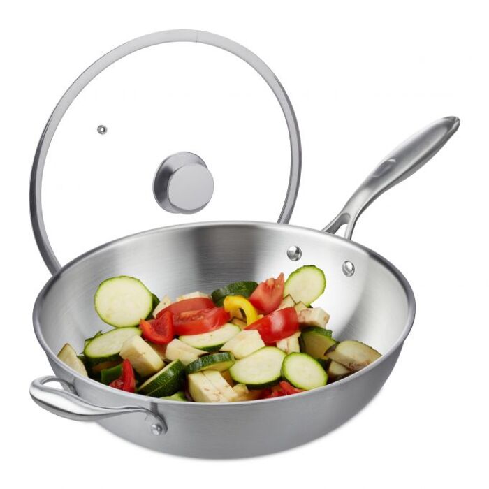 Relaxdays Stainless Steel Wok with Glass Lid