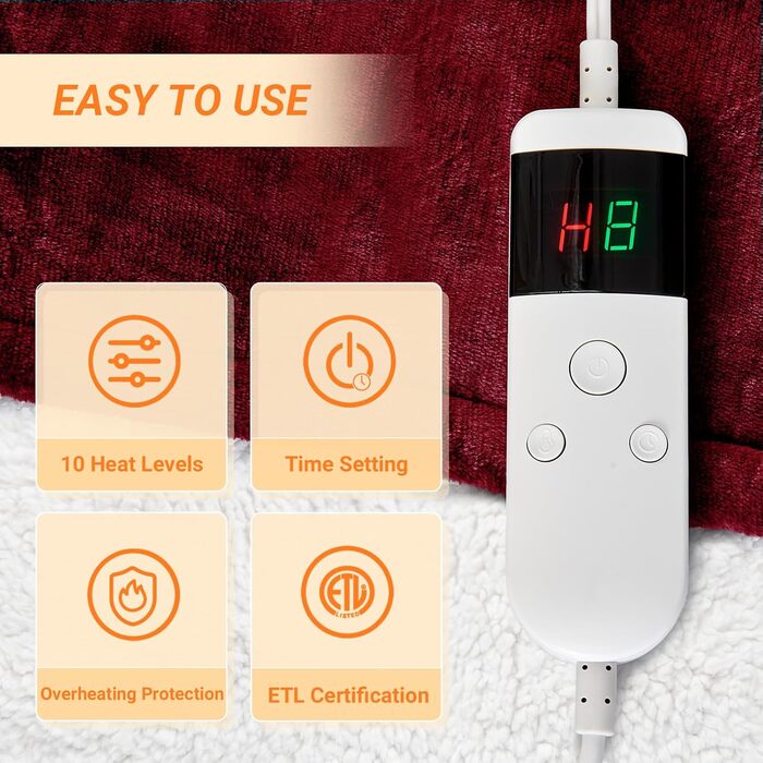 Електрична ковдра з підігрівом 130x180 см, 10 режимів нагріву, таймер автовимкнення, захист від перегріву, машинне прання, червона