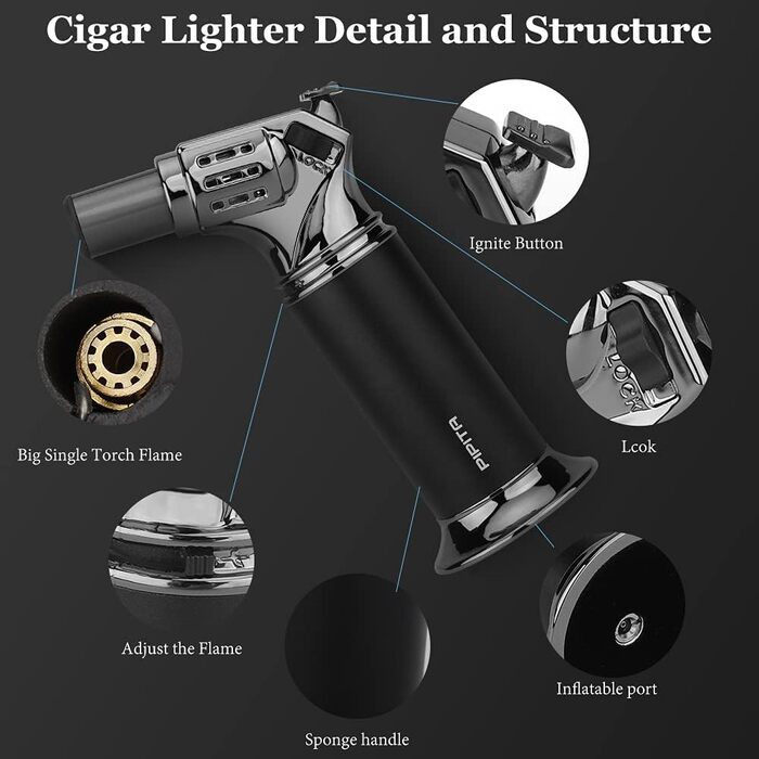 Вітростійка запальничка PIPITA з блокуванням безпеки, регульоване полум'я, одноразове, заправне, для кемпінгу, кулінарії, крему брюле (без газу)