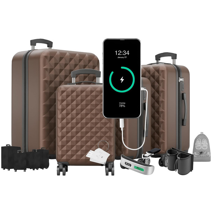 Преміум набір валіз 4-в-1 з жорстким корпусом, TSA-замком та USB-портом – плюс ваги, ремені, адресники, тримач для напоїв, чохол для взуття та чохли від пилу (Колір: Кофе)