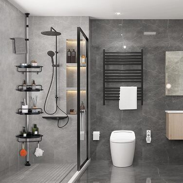 GRICOL Adjustable Height Shower Shelf No Drilling Corner Shelf Stainless Steel Corner Shelf Bathroom Shelf with 4 Baskets and 1 Towel Holder for Bathtub and Bathroom, Rustproof, 95-305CM, Black