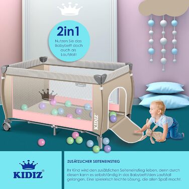 KIDIZ® 3-in-1 Baby Cot Travel Bed Combo Set Baby Bed with Changing Pad, Mosquito Net, Playard, from Birth up to 15 kg, Airy Side Walls with Side Entrance, Carry Bag, Foldable, Pink/Beige Pink / Beige