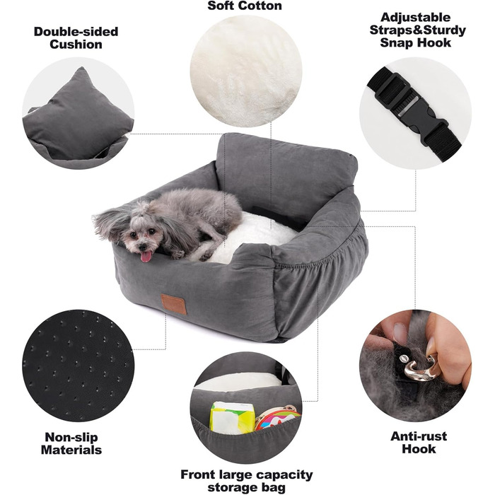 Автокрісло для собак, миється та стійке до плям. Зручне автокрісло для собак середнього розміру (сірий)