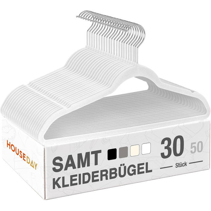 Набір вешалок для одягу HOUSE DAY, 50 шт, велюрова поверхня, компактні, антиковзні, з поворотним гачком 360°, для сорочок, костюмів, пальто, светрів, штанів, білий