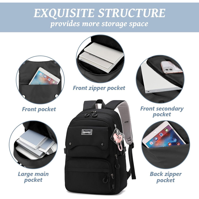 Шкільний рюкзак для дівчаток та хлопців підлітки, рюкзак для жінок та чоловіків, рюкзак для ноутбука 15,6 дюймів, повсякденний туристичний рюкзак, водонепроникний рюкзак, рюкзак для коледжу (#5 Чорний-b)