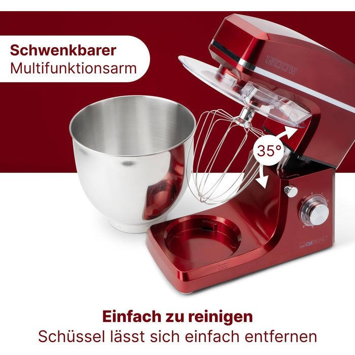 Планетарний міксер Clatronic KM 3765 XXL для випікання, чаша 10л, 1500 Вт, червоний