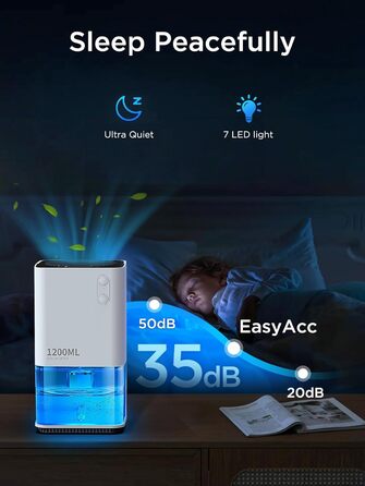 Electric Dehumidifier, EasyAcc® 1200ml Dehumidifier Small Quiet Portable Mini Room Dehumidifier Automatic Against Humidity Dehumidifier for Office/Bedroom/Bathroom with Colored Night Light