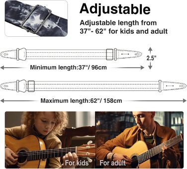 Гітарний ремінь LEKATO, смугастий, 6.7 см, з регулюванням, з шкіри, з кишенькою для медіатора та 6 медіаторів/фіксаторами ремінця - для бас-гітари, електро- та акустичної гітари (Колір: Nebel)